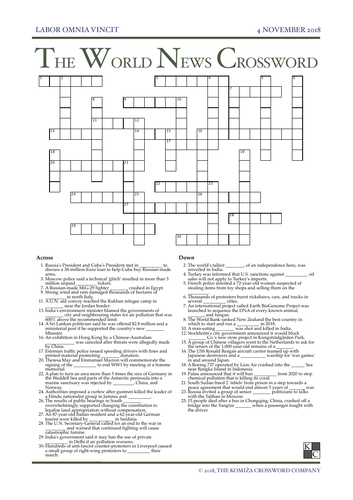 The World News Crossword - November 4th, 2018