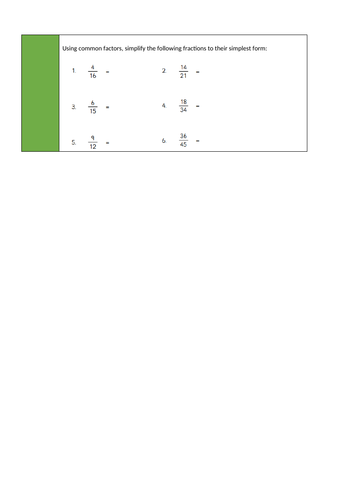 Year 6 Simplifying Fractions lesson with answers