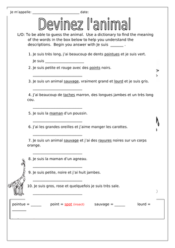FRENCH - GUESS THE ANIMAL/OBJECT - DEVINEZ L'ANIMAL ET L'OBJET - WORKSHEETS