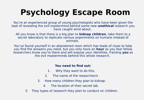 Psychology 'Escape Room' -  Revision / Exam