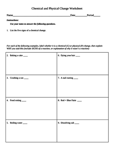 Chemical and Physical Change Examples Practice Worksheet | Teaching