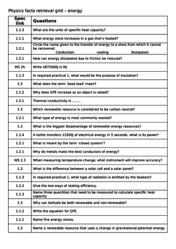 AQA Physics paper 1 quick fact questions (single and combined spec)