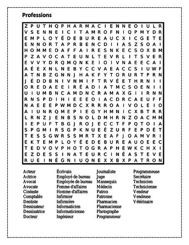 Professions in French Wordsearch 2