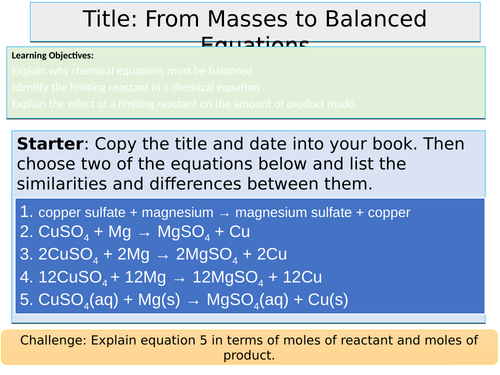 AQA GCSE Chemistry & Trilogy C4.3 From Masses to Balanced Equation Lesson (Chem calcuations)