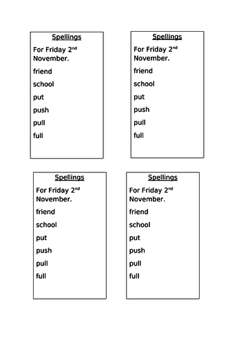 8x weeks worth of spellings for Year 1