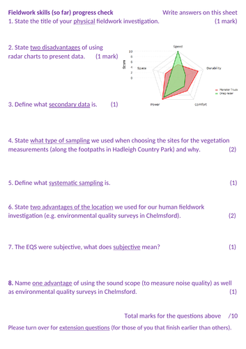 Paper 3 Fieldwork skills progress check worksheets