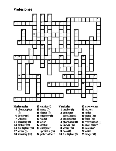 Profesiones Professions In Spanish Crossword Teaching Resources
