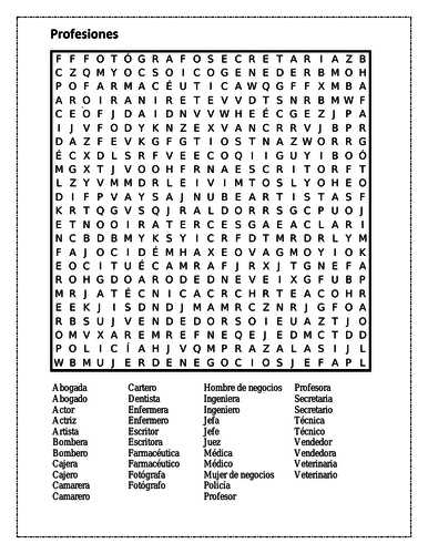 Profesiones (Professions in Spanish) Wordsearch