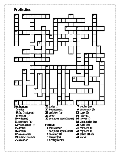 Profissões (Professions in Portuguese) Crossword