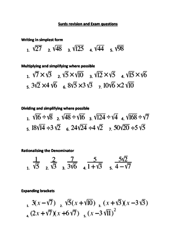 Surds revision and practice exam questions