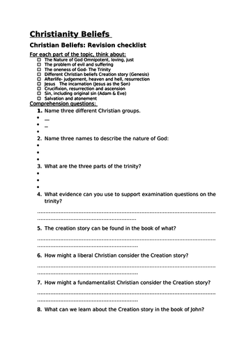AQA RE - Christianity Beliefs Revision - Knowledge Checklist, retention questions, exam questions.