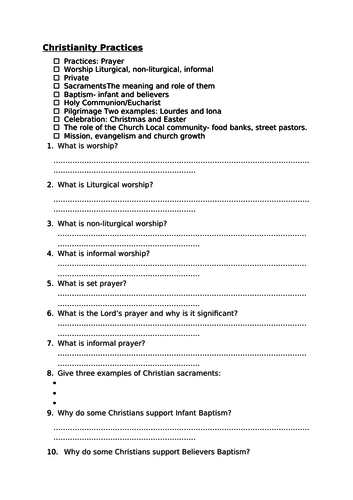 AQA RE - Christianity Practices Revision - Knowledge Checklist and retention questions.