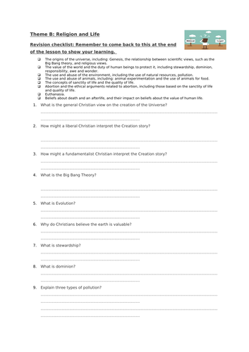 AQA RE - Religion and Life - Knowledge Checklist, retention and examination questions.