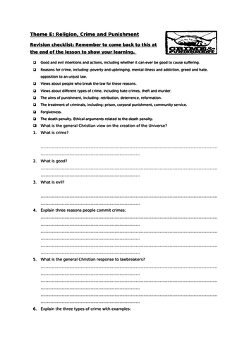 AQA RE - Crime and Punishment Revision - Knowledge Checklist, retention questions, exam questions.