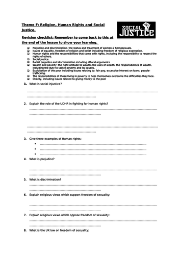 AQA RE - Social Justice Revision - Knowledge Checklist, retention questions, exam questions.