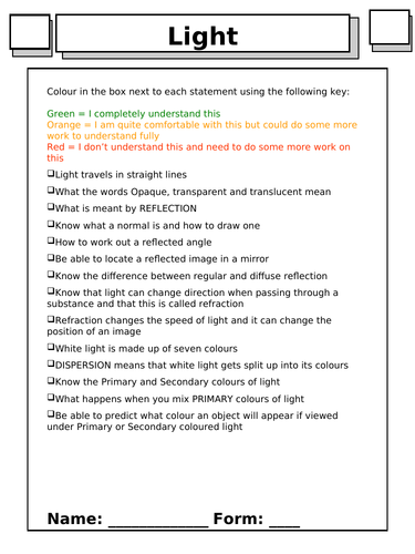 Year 8 Light Booklet