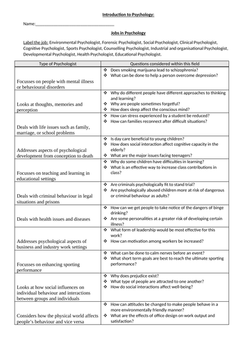 psychology approaches worksheet