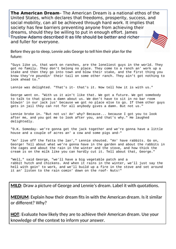 Cover worksheet for Steinbeck's Of Mice and Men- American Dream