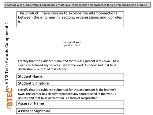 BTEC Engineering Tech Award Component 1 LA.A Workbook