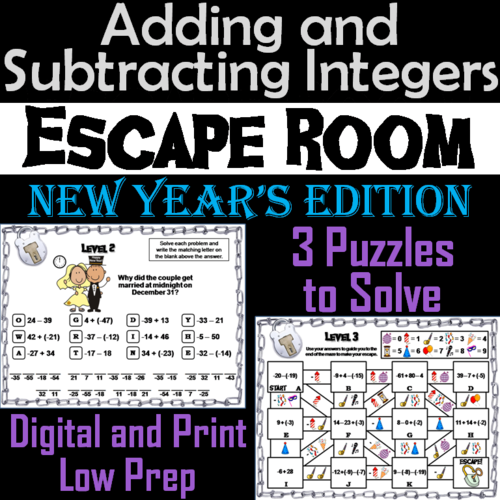 Adding and Subtracting Integers Game: Escape Room New Year's Math Activity