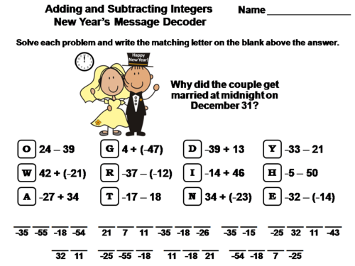 Adding and Subtracting Integers New Year's Math Activity: Message Decoder