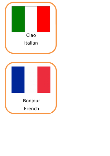 Hello in different language cards with flags