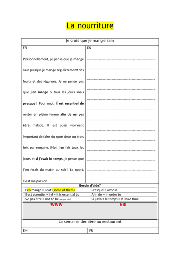 GCSE - translations - French - FOOD - HEALTH (writing skills)