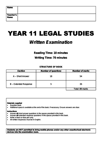 VCE Legal Studies Units 1 & 2 Examinations