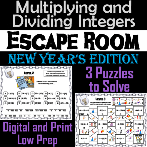 Multiplying and Dividing Integers Game: Escape Room New Year's Math Activity