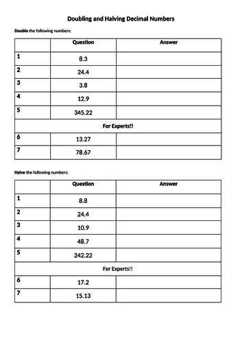 Doubling And Halving Decimal Numbers Worksheets