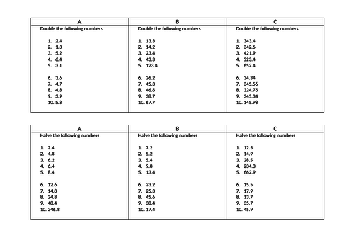 Doubling and Halving Decimals - 3 Levels - KS3