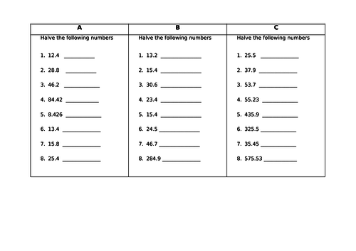 Doubling Decimals Homework - 3 Levels on one sheet - KS2