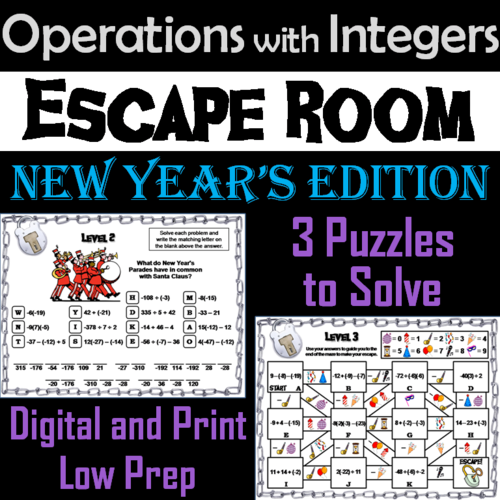 Operations with Integers Game: Escape Room New Year's Math Activity