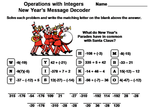 Operations with Integers New Year's Math Activity: Message Decoder