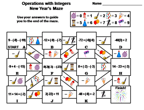Operations with Integers Activity: New Year's Math Maze