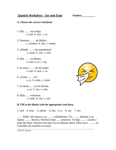 Spanish Worksheet On Ser And Estar Multiple Choice Teaching Resources