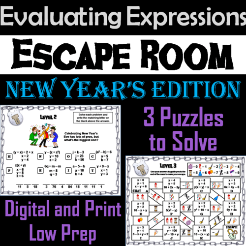 Evaluating Algebraic Expressions Game: Escape Room New Year's Math Activity