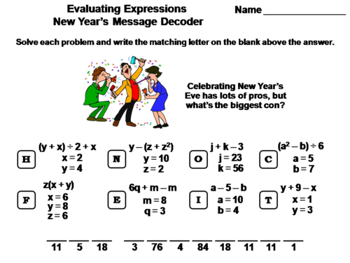 Evaluating Algebraic Expressions New Year's Math Activity: Message Decoder