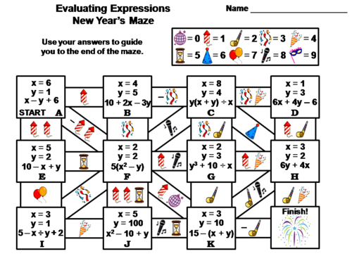 Evaluating Algebraic Expressions Activity: New Year's Math Maze