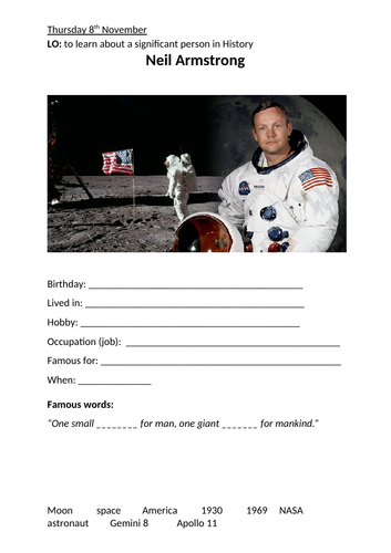 Neil Armstrong Activity Sheet Year 1