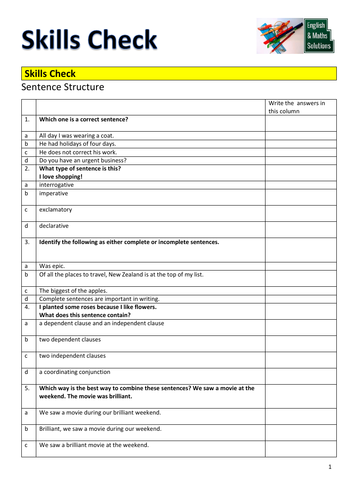 GCSE /Functional Skills  English Diagnostic Skills Check for Sentence Structure