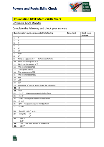GCSE Foundation Maths Diagnostic Skills Check for Powers and Roots