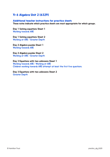 Practice Worksheets: Solve equations with two unknowns (Year 6 Algebra)