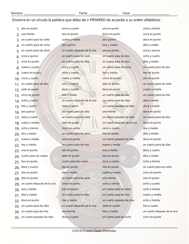 Telling Time Alphabetical Order II Spanish Worksheet