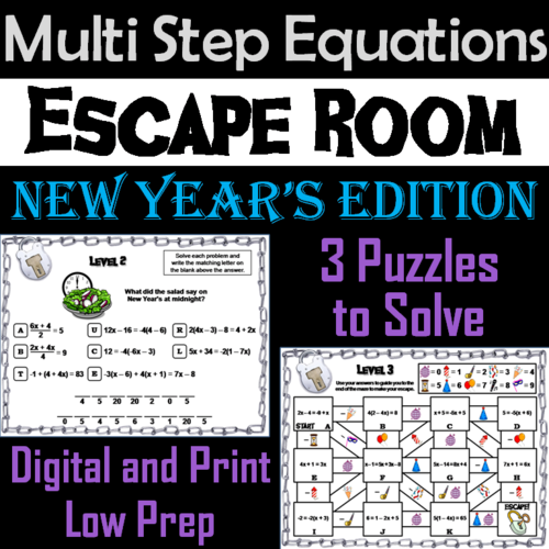 Solving Multi Step Equations Game: Escape Room New Year's Math Activity