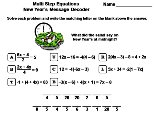 Solving Multi Step Equations New Year's Math Activity: Message Decoder