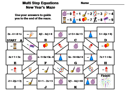 Solving Multi Step Equations Activity: New Year's Math Maze