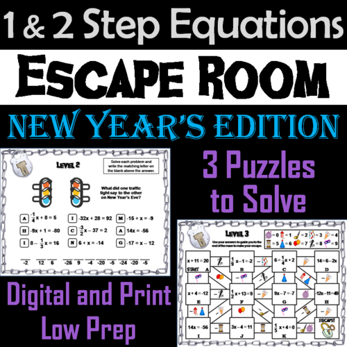 Solving One and Two Step Equations Game: Escape Room New Year's Math Activity