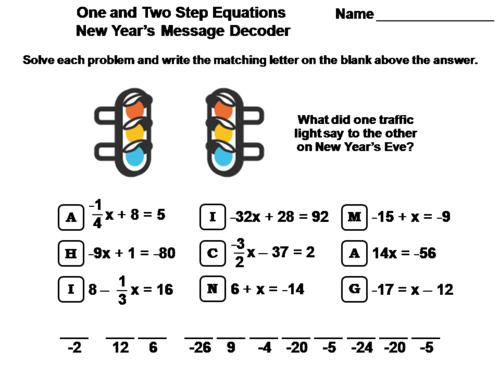 Solving One and Two Step Equations New Year's Math Activity: Message Decoder
