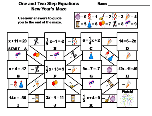 Solving One and Two Step Equations Activity: New Year's Math Maze